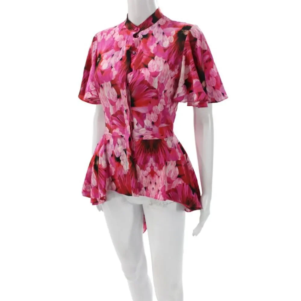 Alexander McQueen Women Pink Floral Collared Button Up Blouse Size 36